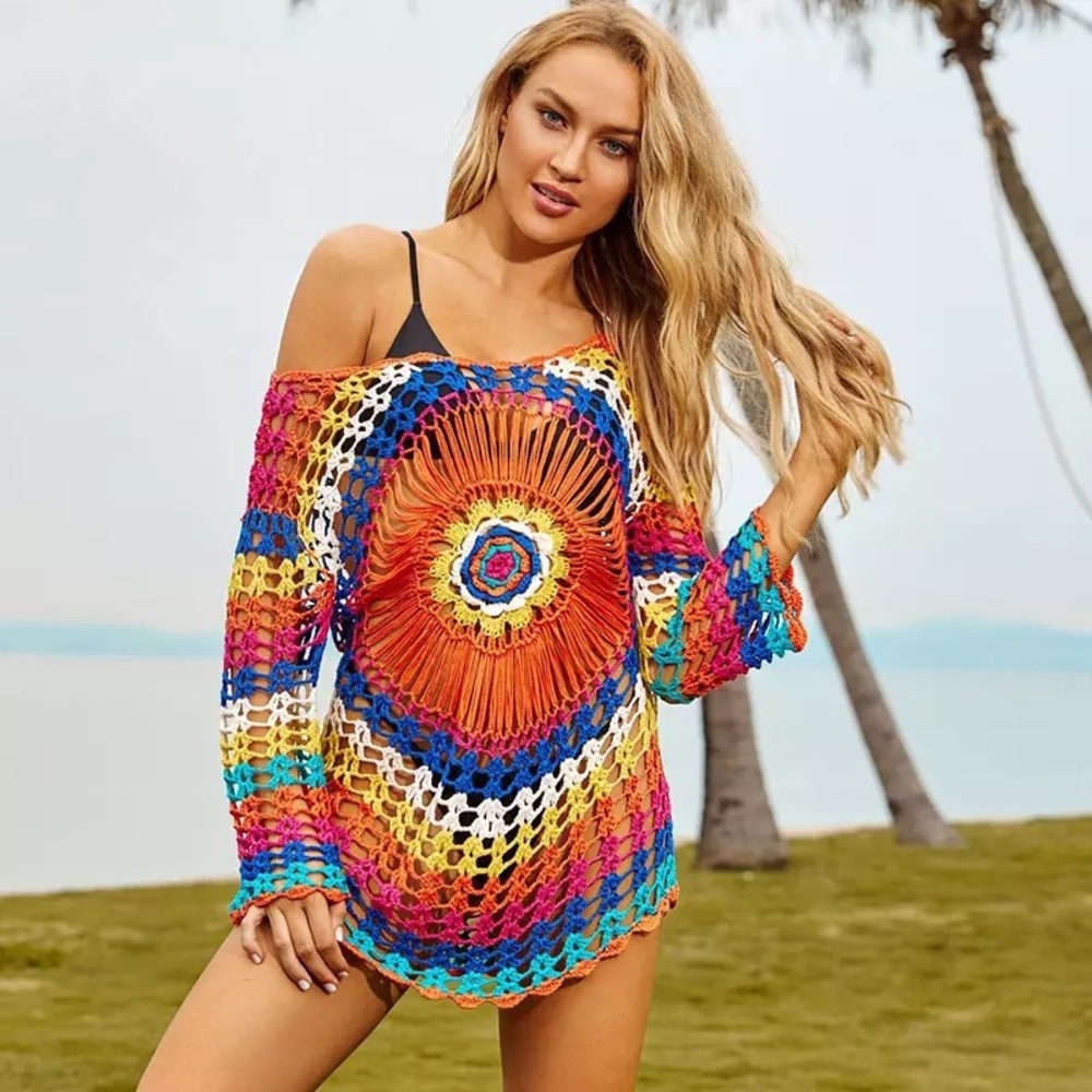Boho Rainbow Colored Crochet Knit Hollow-Out Beach Coverup - Picture 2 of 16